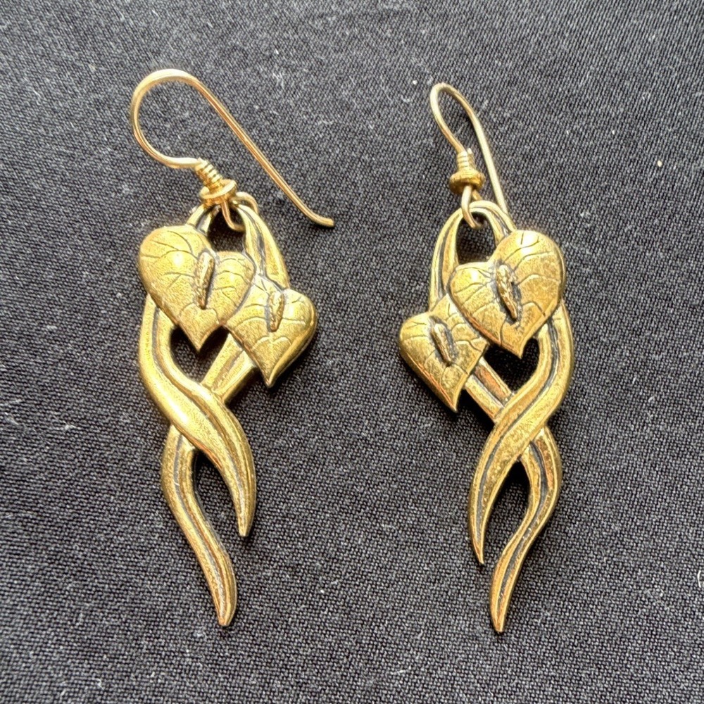 Vintage Laurel Burch Signed Gold Tone Heart Dangle Drop Hook Earrings